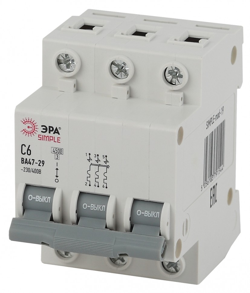 SIMPLE-mod-19 ЭРА SIMPLE Автоматический выключатель 3P 6А (C) 4,5кА ВА 47-29