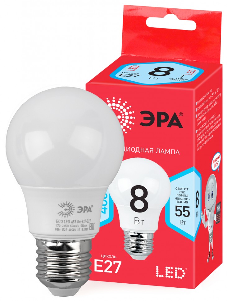 Лампочка светодиодная ЭРА RED LINE ECO LED A55-8W-840-E27 E27 / Е27 8Вт груша нейтральный белый свет