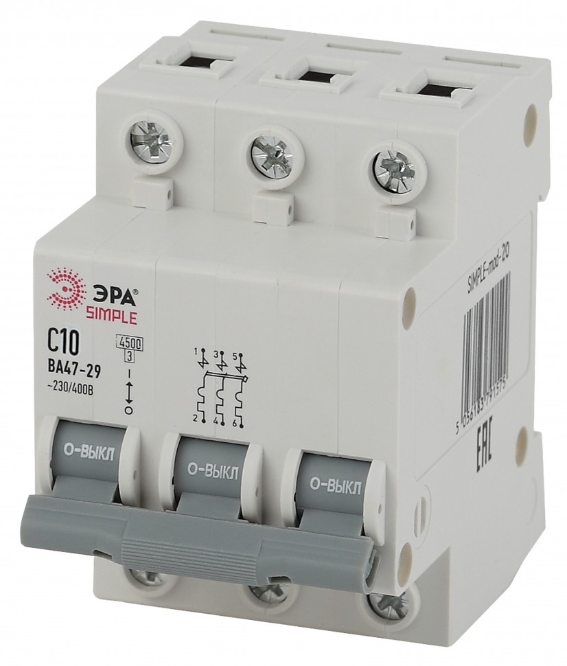 SIMPLE-mod-20 ЭРА SIMPLE Автоматический выключатель 3P 10А (C) 4,5кА ВА 47-29