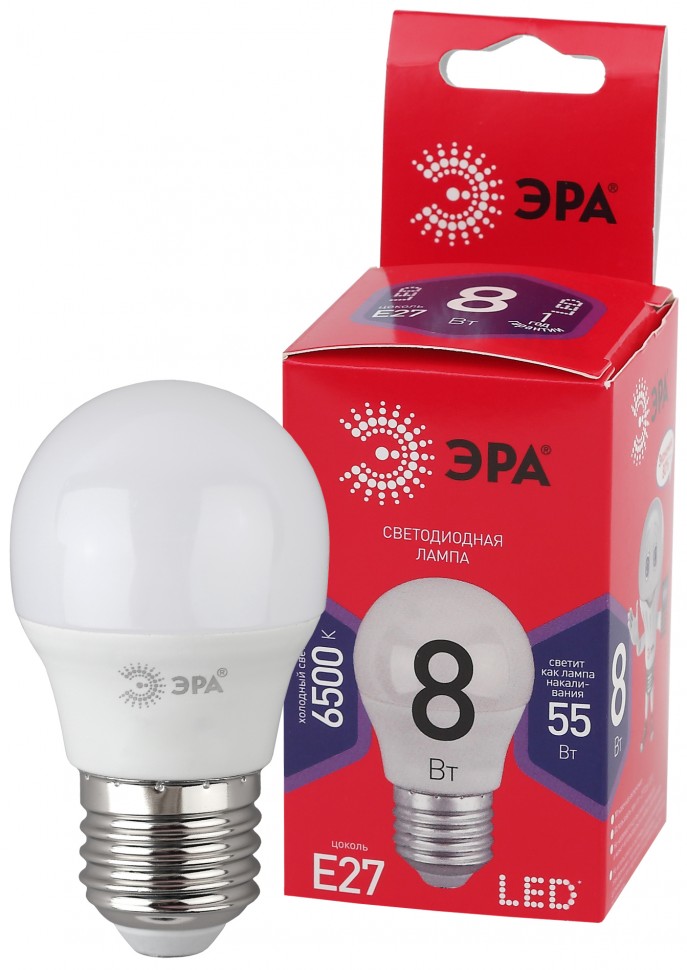 Лампочка светодиодная ЭРА RED LINE LED P45-8W-865-E27 R E27 / Е27 8Вт шар холодный дневной свет