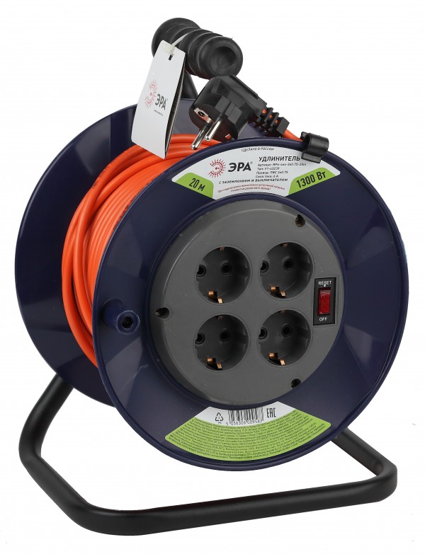 Удлинитель силовой ЭРА RPx-4es-3х0.75-20m на пластиковой катушке c заземлением 4 розетки 20м ПВС 3х0.75мм2