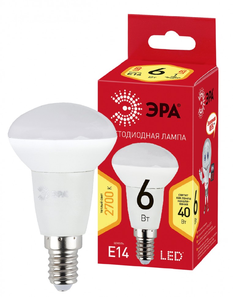 Лампочка светодиодная ЭРА RED LINE ECO LED R50-6W-827-E14 Е14 / Е14 6Вт рефлектор теплый белый свет