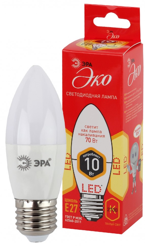 Лампочка светодиодная ЭРА RED LINE ECO LED B35-10W-827-E27 E27 / Е27 10Вт свеча теплый белый свет