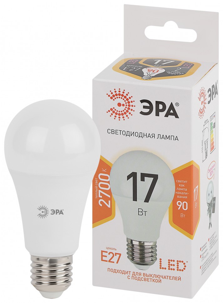 Лампочка светодиодная ЭРА STD LED A60-17W-827-E27 E27 / Е27 17Вт груша теплый белый свет