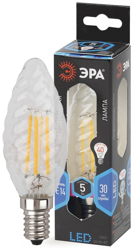 Лампочка светодиодная ЭРА F-LED BTW-5W-840-E14 Е14 / Е14 5Вт филамент свеча витая нейтральный белый свет
