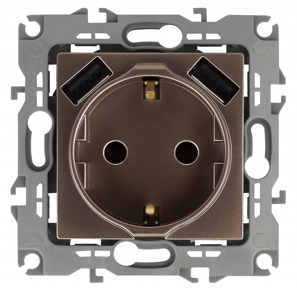 12-4109-13 ЭРА Розетка 2P+E 16A-250В, штор. с 2xUSB 5В-3А, Эра12, бронза