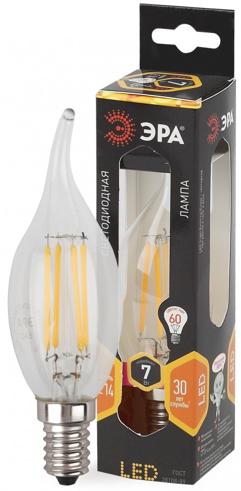 Лампочка светодиодная ЭРА F-LED BXS-7W-827-E14 Е14 / Е14 7Вт филамент свеча на ветру теплый белый свет
