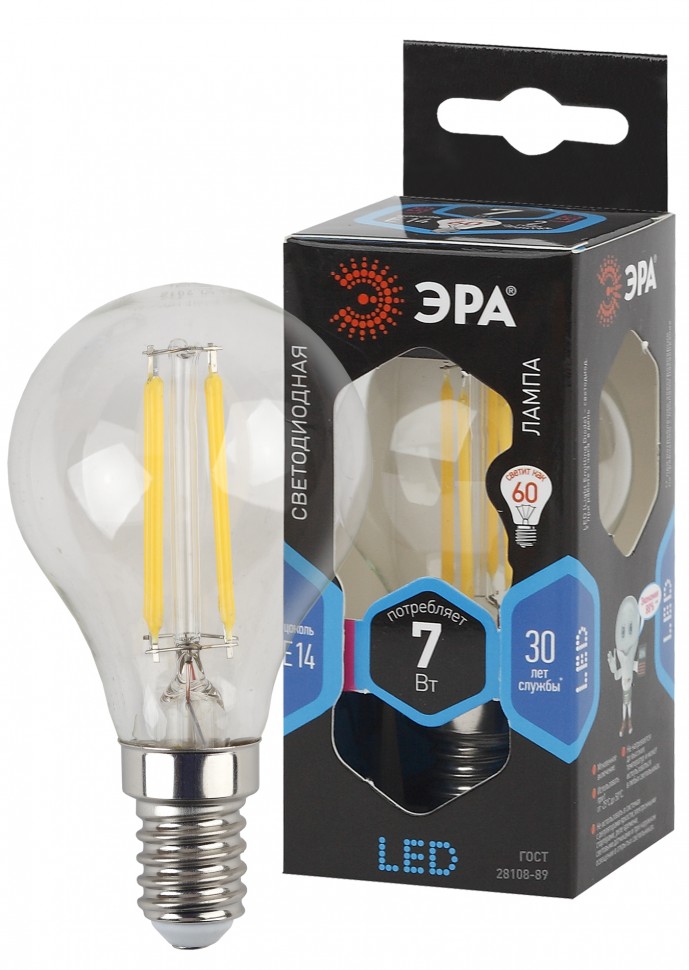 Лампочка светодиодная ЭРА F-LED P45-7W-840-E14 E14 / Е14 7Вт филамент шар нейтральный белый свет