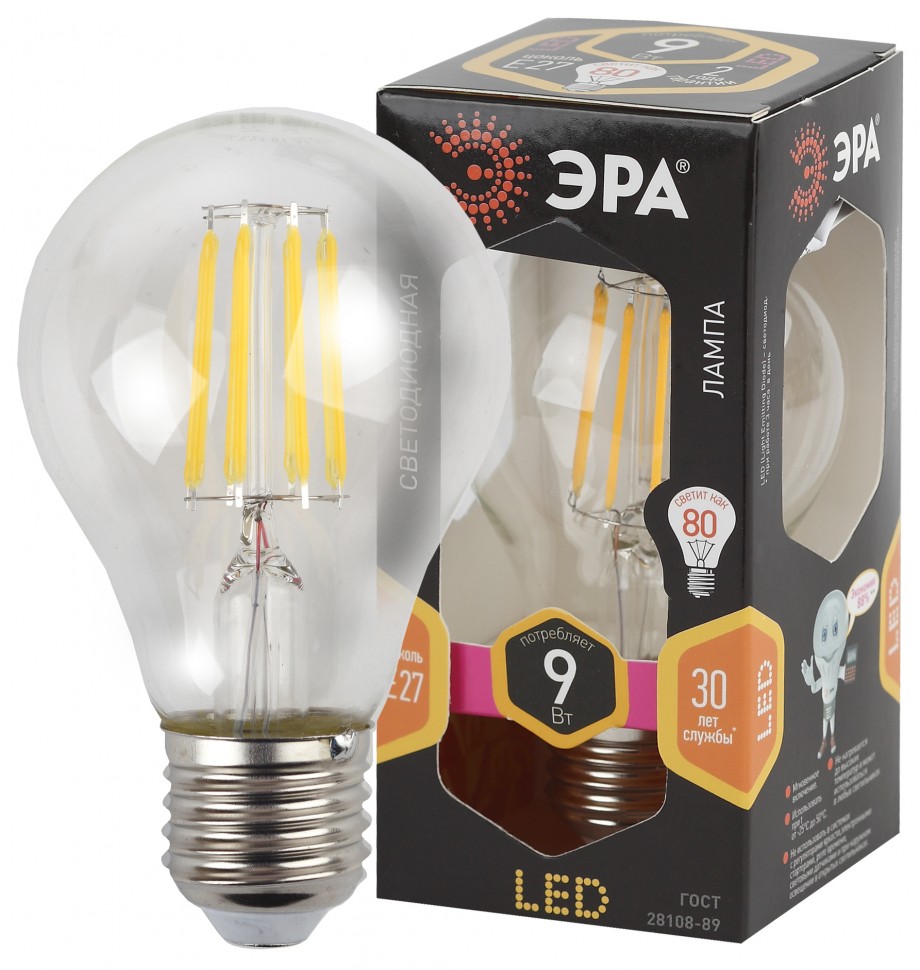 Лампочка светодиодная ЭРА F-LED A60-9W-827-E27 Е27 / Е27 9 Вт филамент груша теплый белый свет