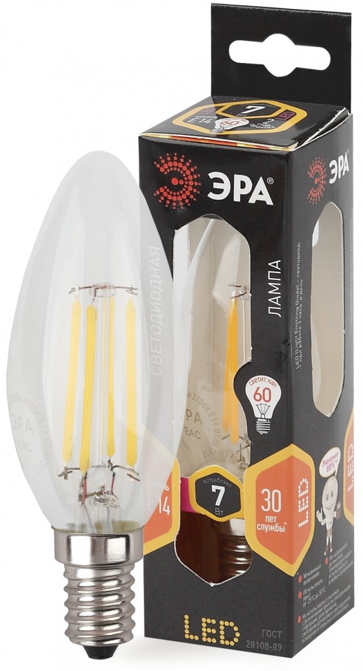 Лампочка светодиодная ЭРА F-LED B35-7W-827-E14 Е14 / Е14 7Вт филамент свеча теплый белый свет