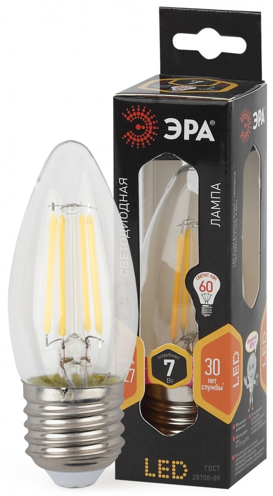 Лампочка светодиодная ЭРА F-LED B35-7W-827-E27 Е27 / Е27 7Вт филамент свеча теплый белый свет