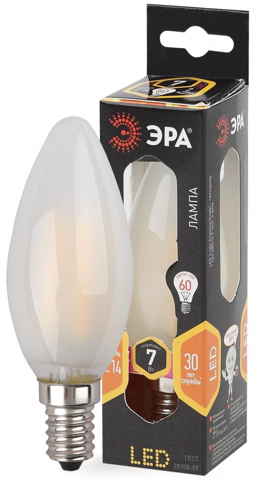 Лампочка светодиодная ЭРА F-LED B35-7W-827-E14 frost Е14 / E14 7Вт филамент свеча матовая теплый белый свет