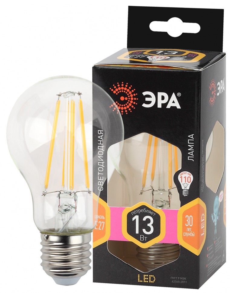 Лампочка светодиодная ЭРА F-LED A60-13W-827-E27 Е27 / Е27 13Вт филамент груша теплый белый свет