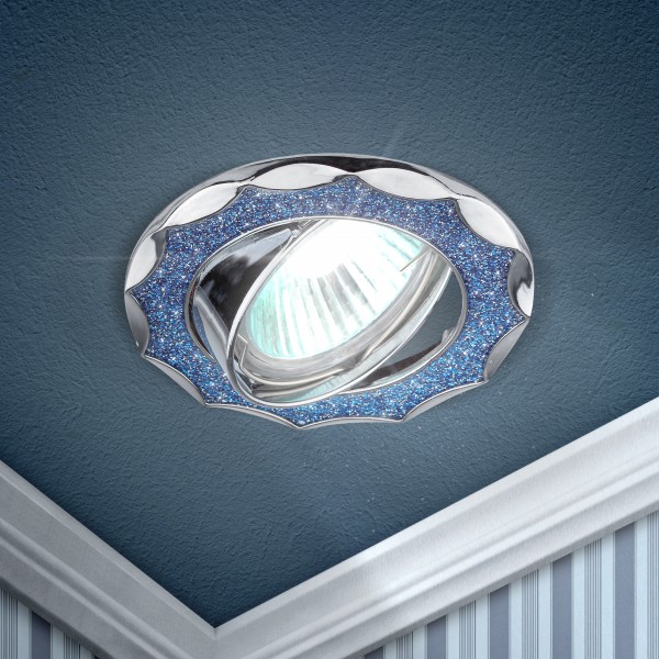DK17 CH/SHBL2 Светильник ЭРА декор круглый со стеклянной крошкой MR16,12V/220V, 50W, хром/голубой
