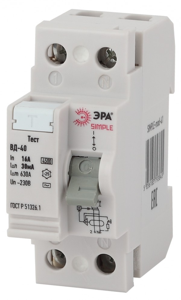 SIMPLE-mod-41 ЭРА SIMPLE Устройство защитного отключения УЗО ВД-40 2P 16А/30мА (электронное)