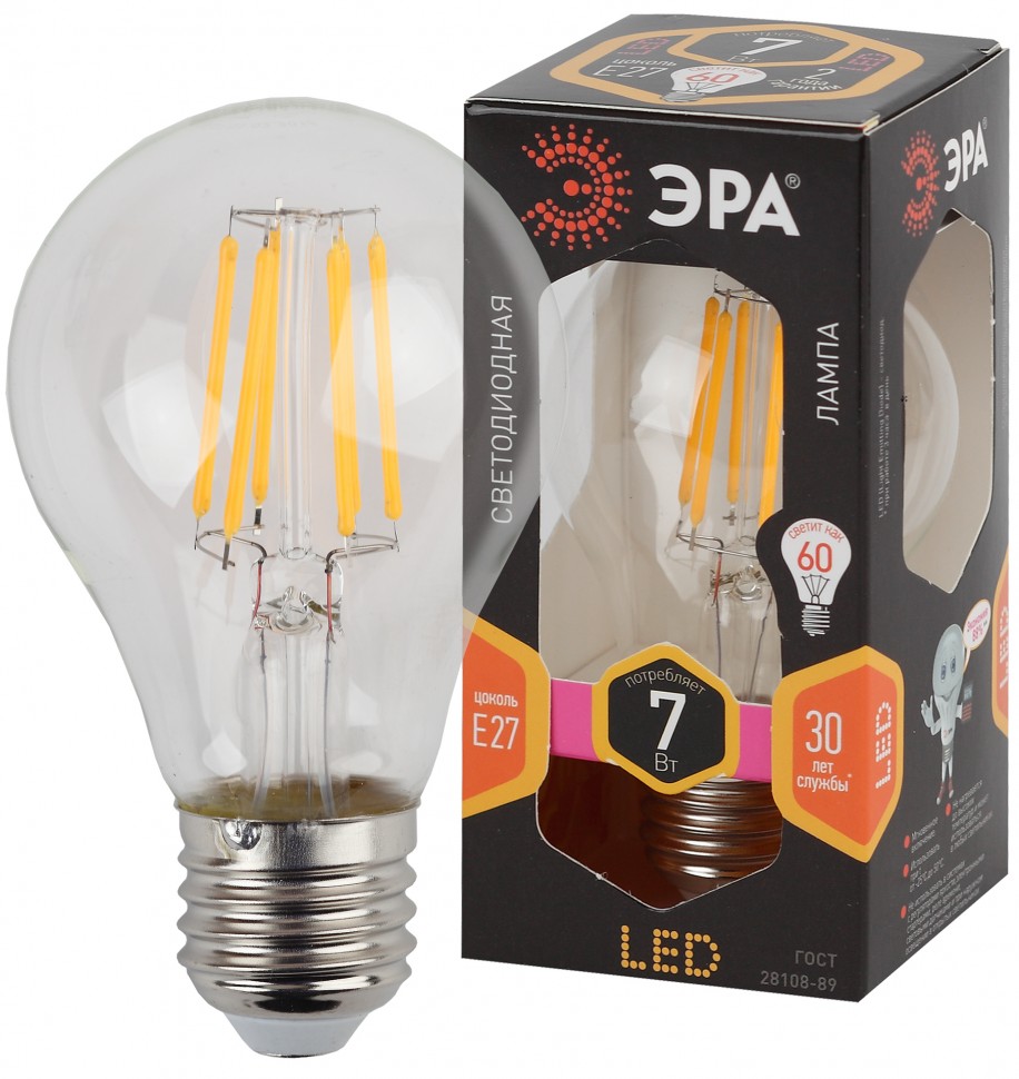 Лампочка светодиодная ЭРА F-LED A60-7W-827-E27 Е27 / Е27 7Вт филамент груша теплый белый свет