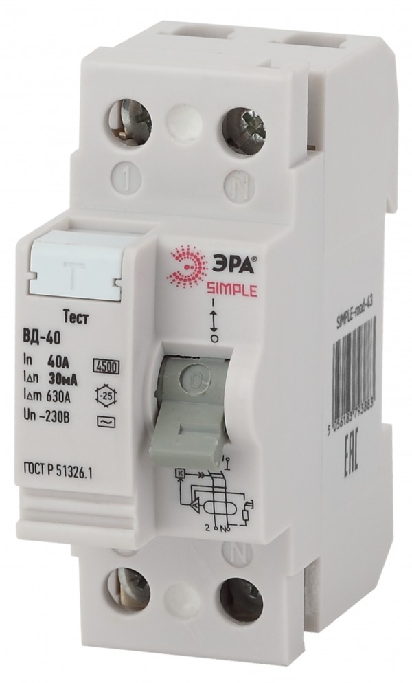 SIMPLE-mod-43 ЭРА SIMPLE Устройство защитного отключения УЗО ВД-40 2P 40А/30мА (электронное)