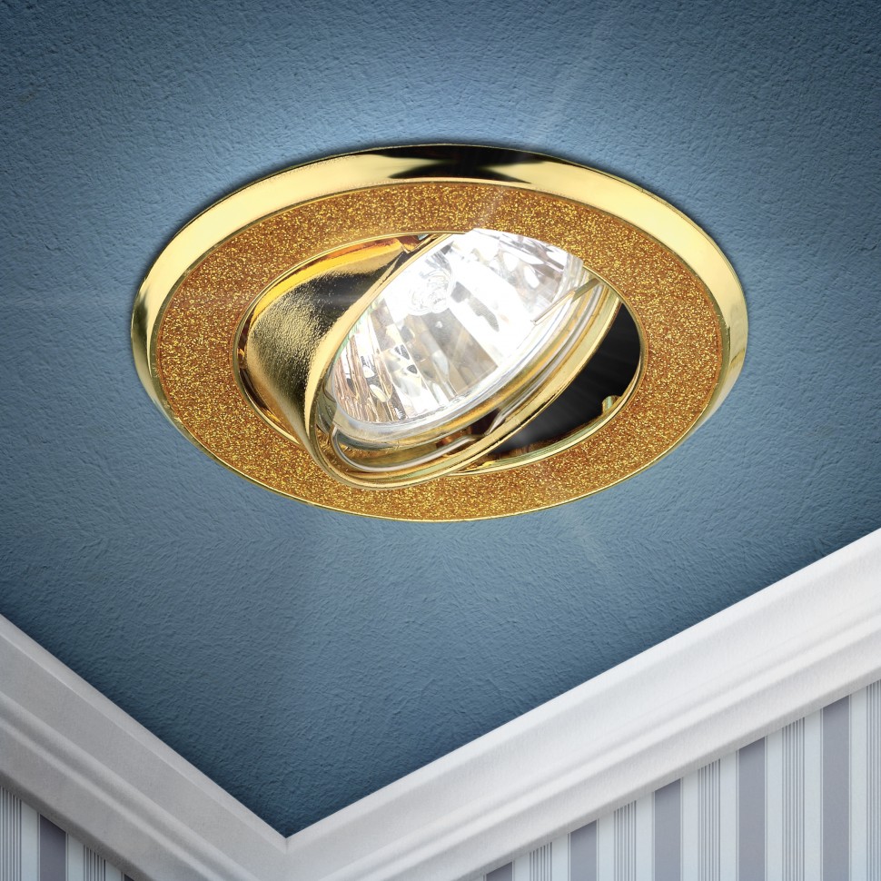 DK18 GD/SH YL Светильник ЭРА декор круглый со стеклянной крошкой MR16,12V/220V, 50W, золото/золотой блеск