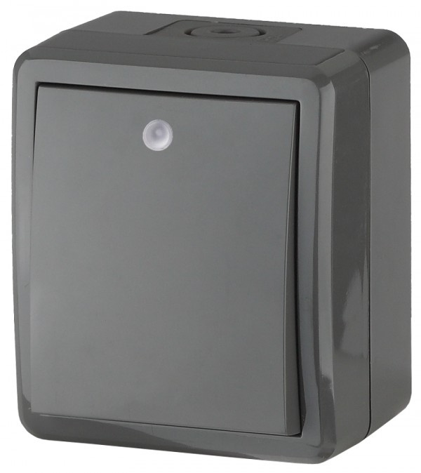 11-1402-03 ЭРА Выключатель с подсветкой IP54, 10АХ-250В, ОУ, Эра Эксперт, серый