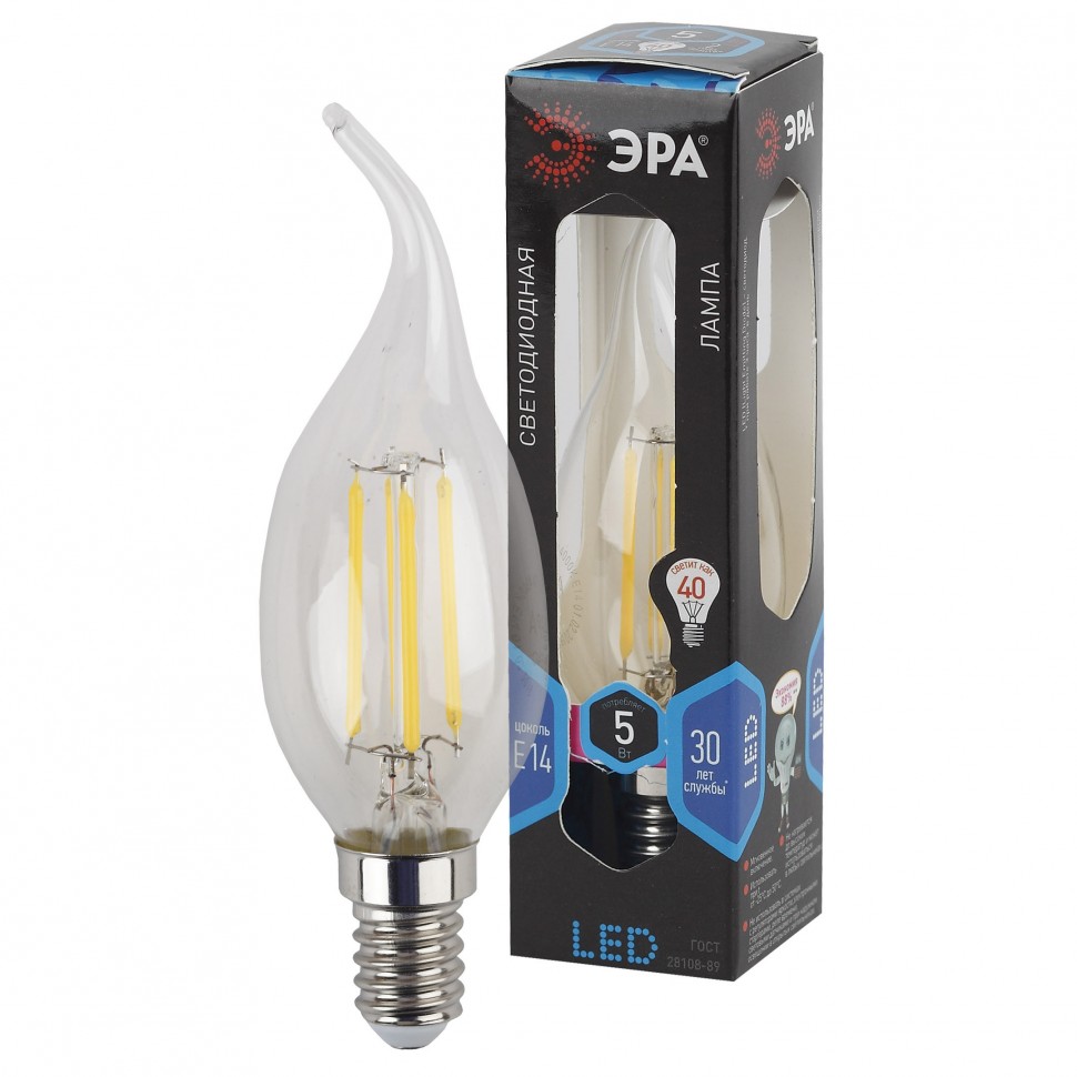Лампочка светодиодная ЭРА F-LED BXS-5W-840-E14 Е14 / Е14 5Вт филамент свеча на ветру нейтральный бeлый свет