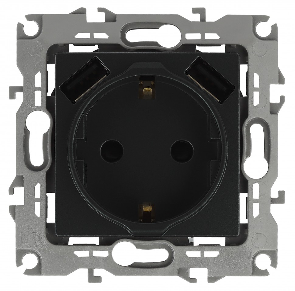 14-4109-05 ЭРА Розетка 2P+E 16A-250В, штор. с 2xUSB 5В-3А, Эра Elegance, антрацит