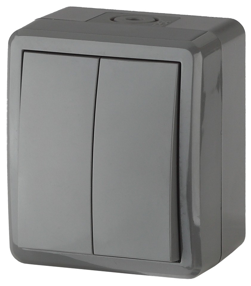 11-1404-03 ЭРА Выключатель двойной IP54, 10АХ-250В, ОУ, Эра Эксперт, серый