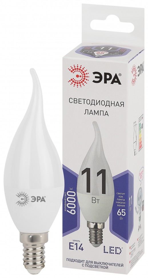 Лампочка светодиодная ЭРА STD LED BXS-11W-860-E14 E14 / Е14 11Вт свеча на ветру холодный дневной свет