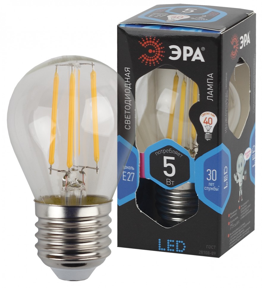 Лампочка светодиодная ЭРА F-LED P45-5W-840-E27 Е27 / Е27 5 Вт филамент шар нейтральный белый свет