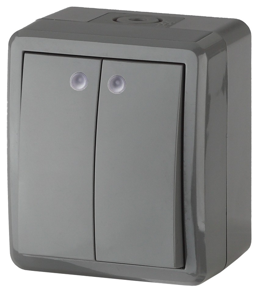 11-1405-03 ЭРА Выключатель двойной с подсветкой IP54, 10АХ-250В, ОУ, Эра Эксперт, серый