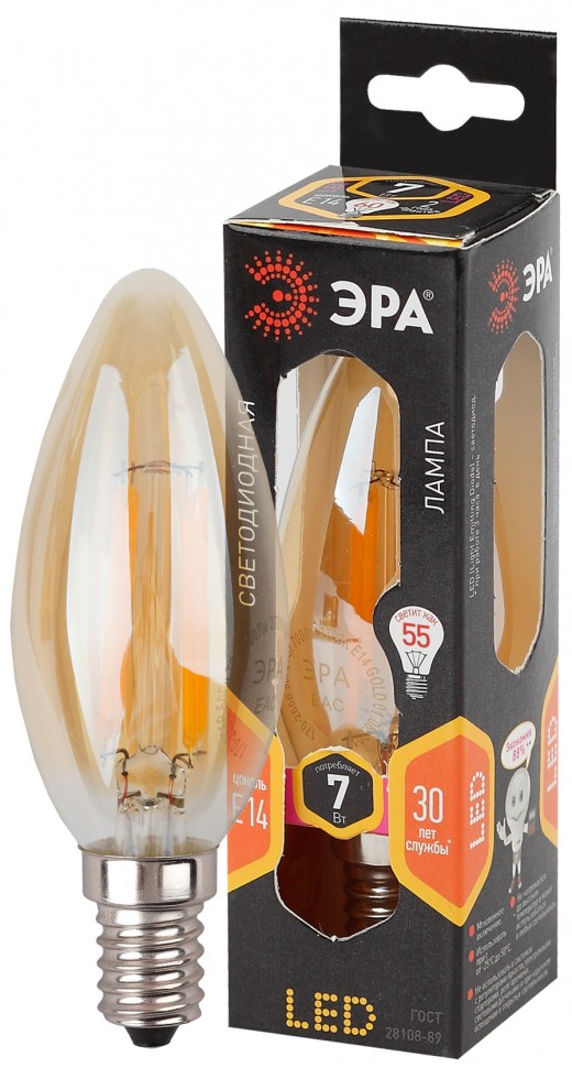 Лампочка светодиодная ЭРА F-LED B35-7W-827-E14 gold Е14 / E14 7Вт филамент свеча золотистая теплый белый свет