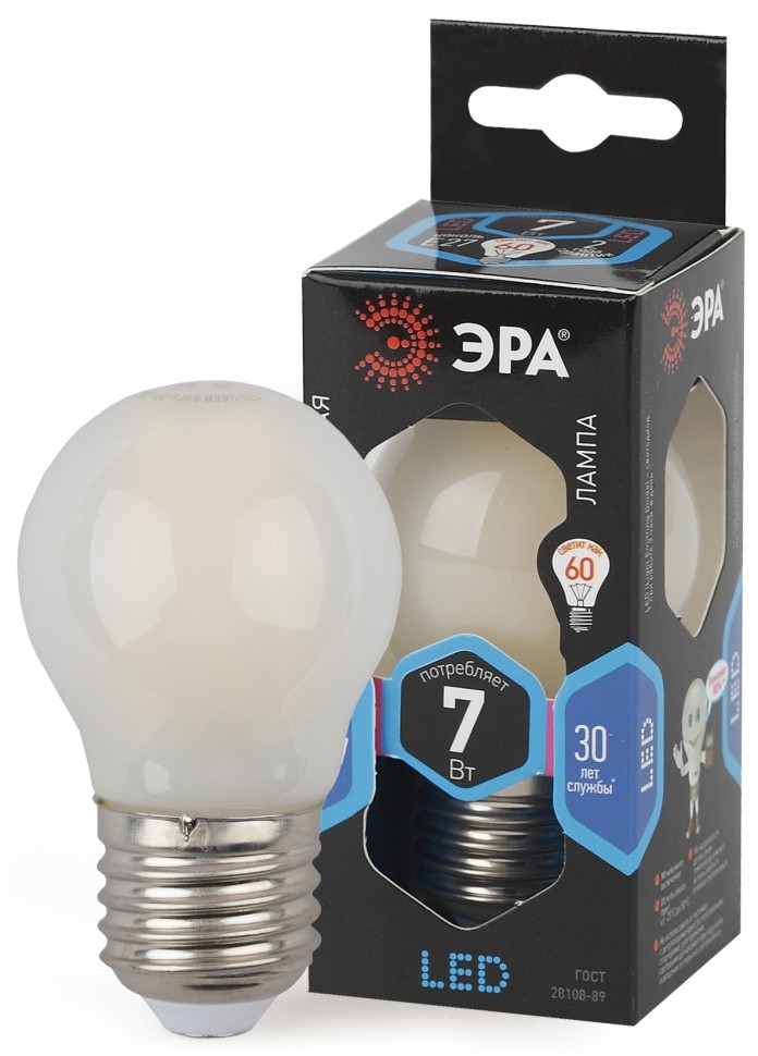 Лампочка светодиодная ЭРА F-LED P45-7W-840-E27 frost E27 / Е27 7Вт филамент шар матовый нейтральный белый свет
