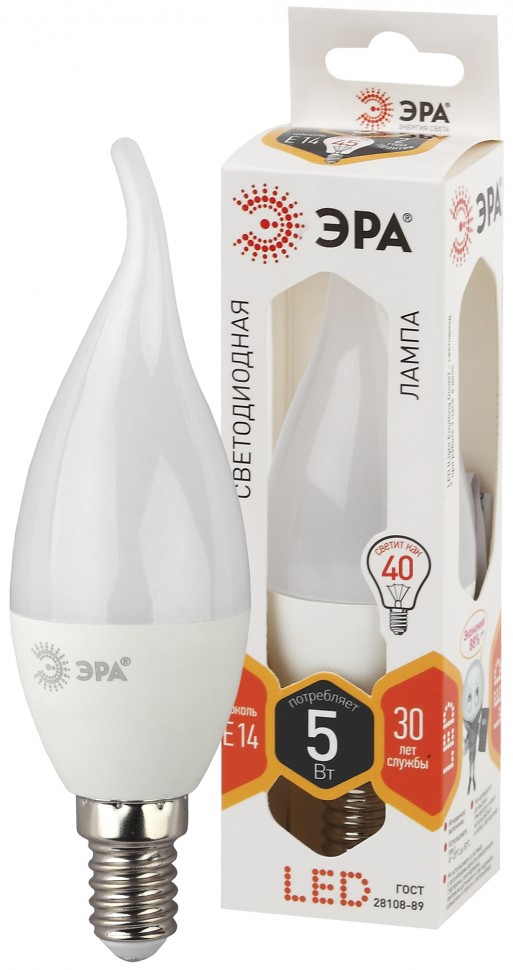Лампочка светодиодная ЭРА STD LED BXS-5W-827-E14 E14 / Е14 5Вт свеча на ветру теплый белый свет
