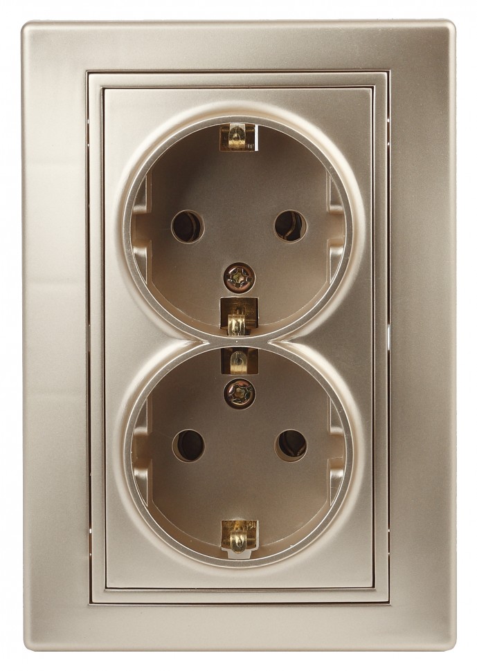 Розетка Intro Plano 1-205-04 с заземлением двойная 2X2P+E Schuko, 16А-250В, IP20, СУ, шампань