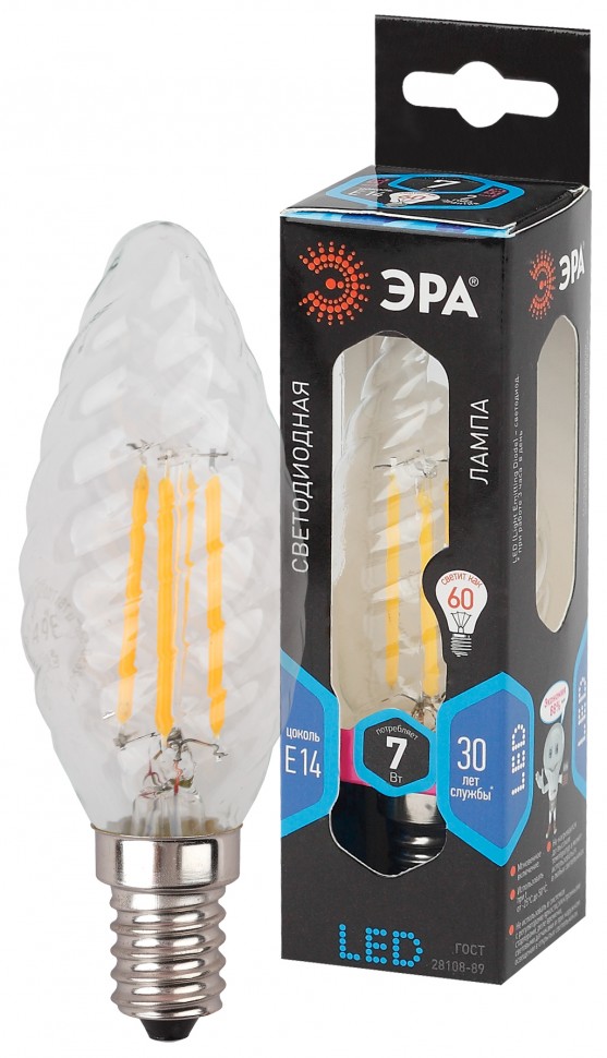 Лампочка светодиодная ЭРА F-LED BTW-7W-840-E14 Е14 / Е14 7Вт филамент свеча витая нейтральный белый свет