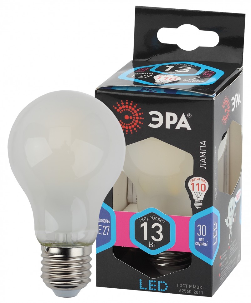 Лампочка светодиодная ЭРА F-LED A60-13W-840-E27 frost Е27 / Е27 13Вт филамент груша матовая нейтральный белый свет