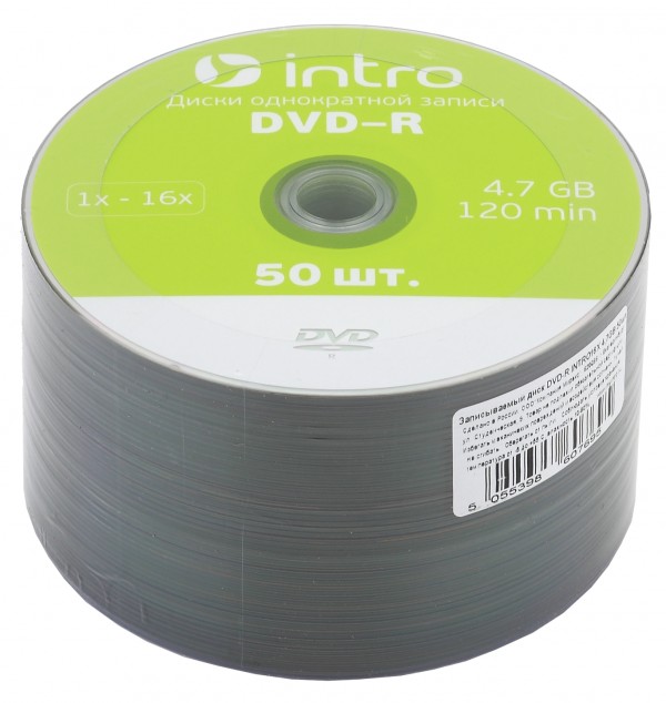 Диск DVD-R Intro 16X 4,7GB Cakebox 50