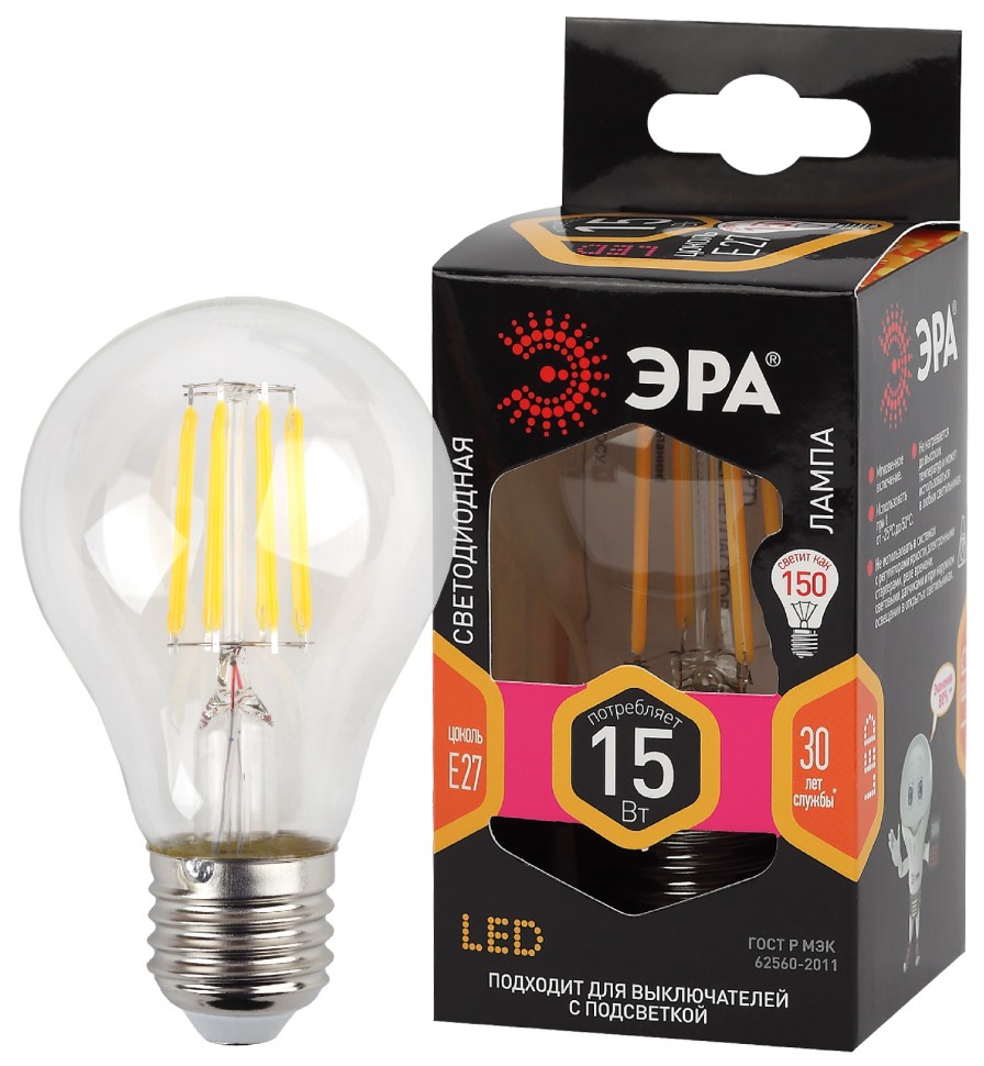 Лампочка светодиодная ЭРА F-LED A60-15W-827-E27 Е27 / Е27 15Вт филамент груша теплый белый свет