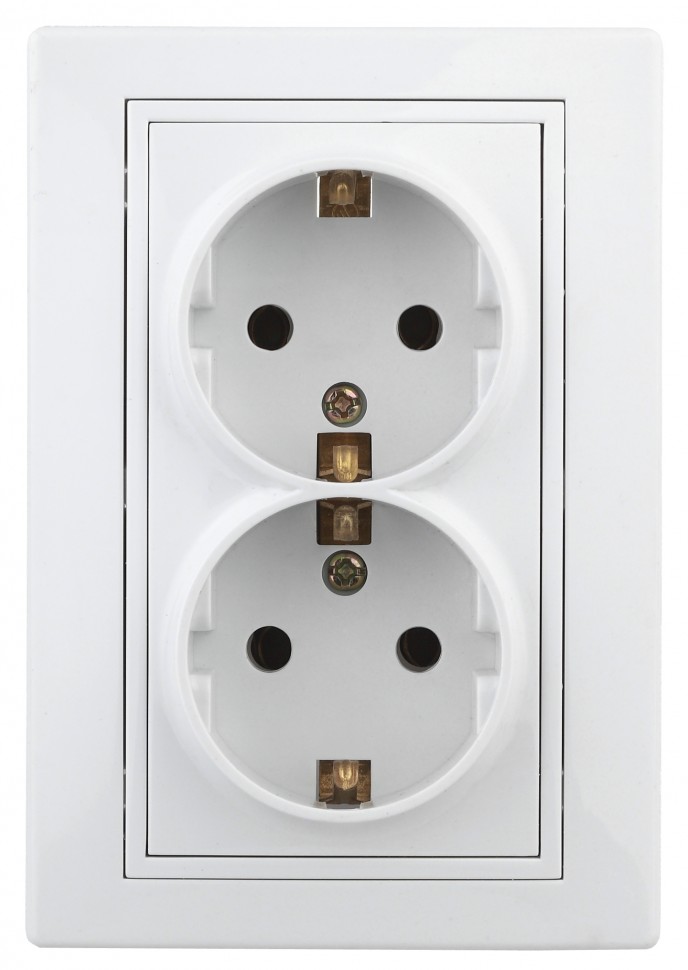 Розетка Intro Plano 1-208-01 с заземлением двойная 2X2P+E Schuko со шторками, 16А-250В, IP20, СУ, белый