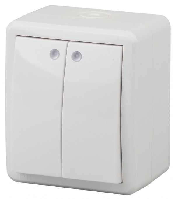 11-1405-01 ЭРА Выключатель двойной с подсветкой IP54, 10АХ-250В, ОУ, Эра Эксперт, белый