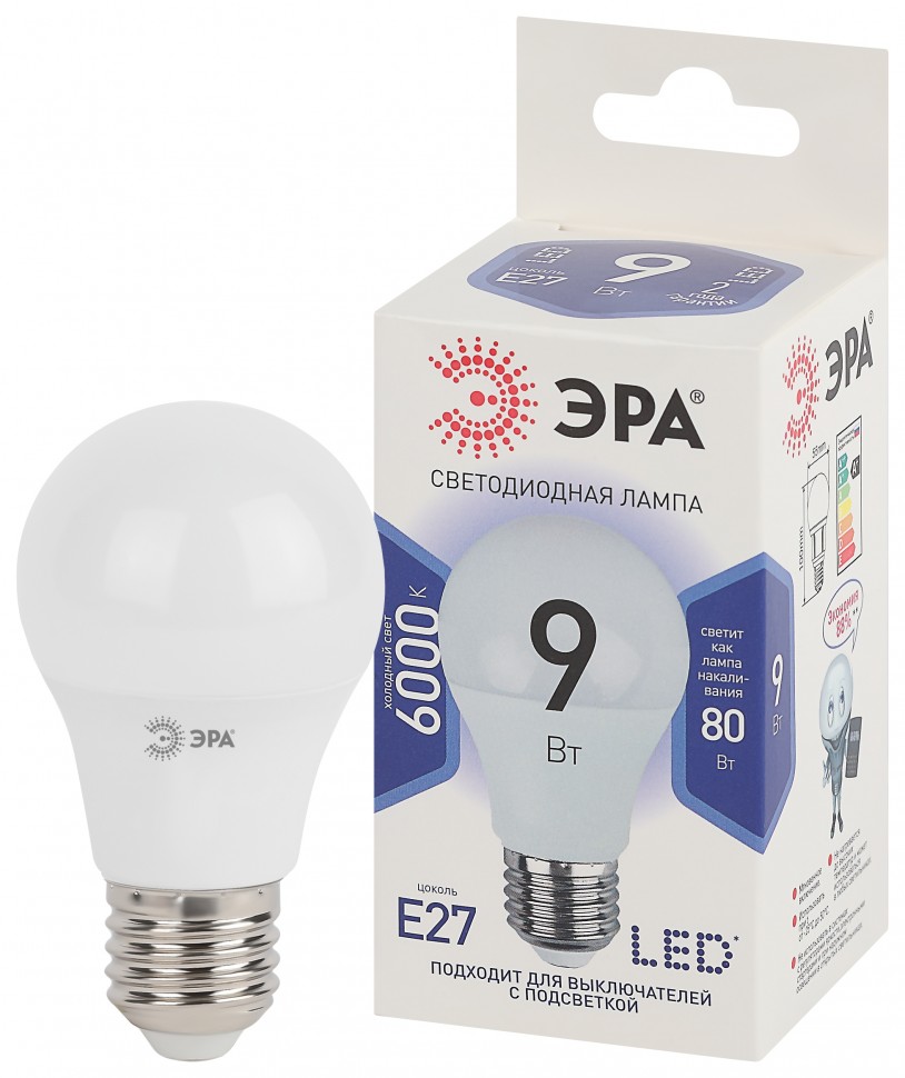 Лампочка светодиодная ЭРА STD LED A60-9W-860-E27 E27 / Е27 9Вт груша холодный дневной свет