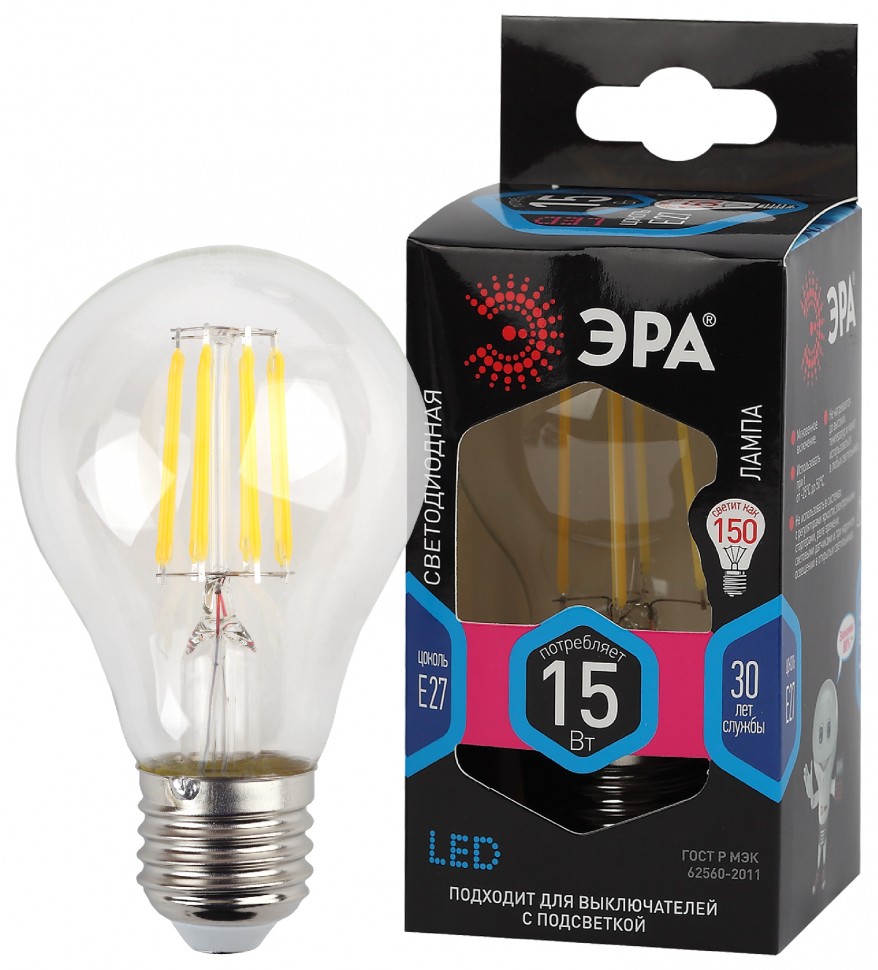 Лампочка светодиодная ЭРА F-LED A60-15W-840-E27 Е27 / Е27 15Вт филамент груша нейтральный белый свет