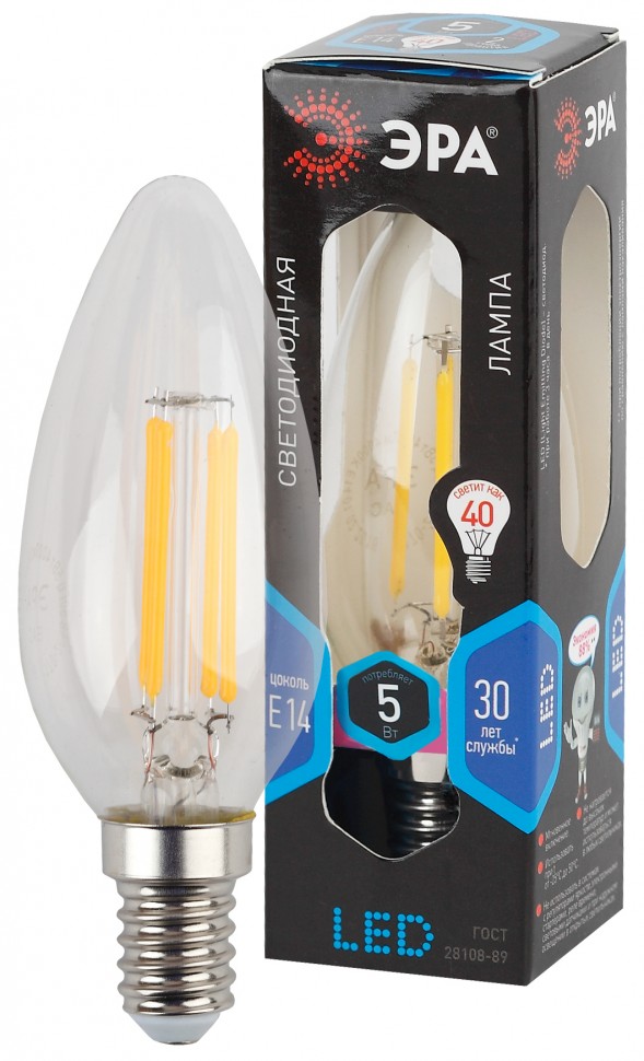Лампочка светодиодная ЭРА F-LED B35-5W-840-E14 Е14 / Е14 5Вт филамент свеча нейтральный белый свeт