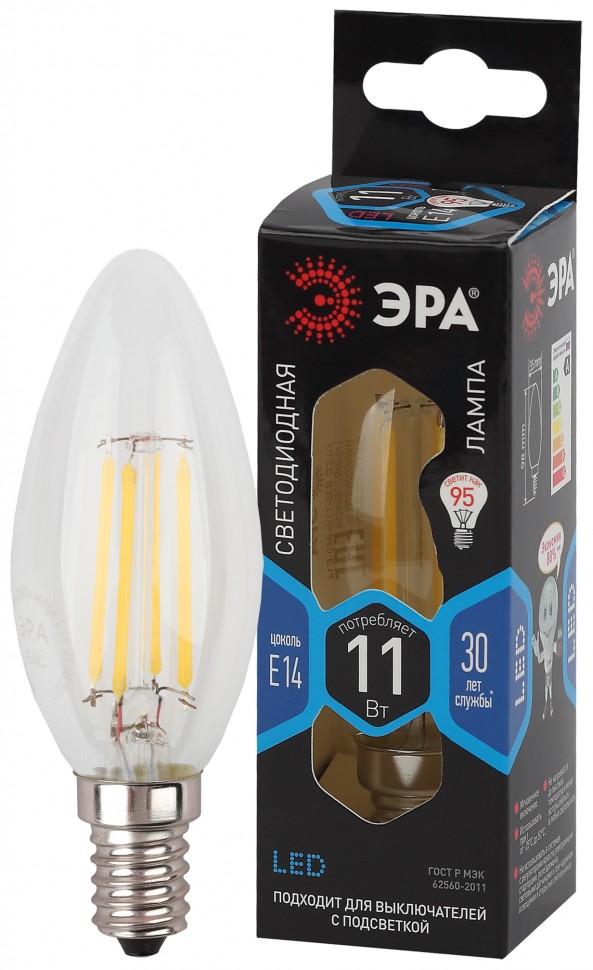 Лампочка светодиодная ЭРА F-LED B35-11W-840-E14 Е14 / Е14 11Вт филамент свеча нейтральный белый свет