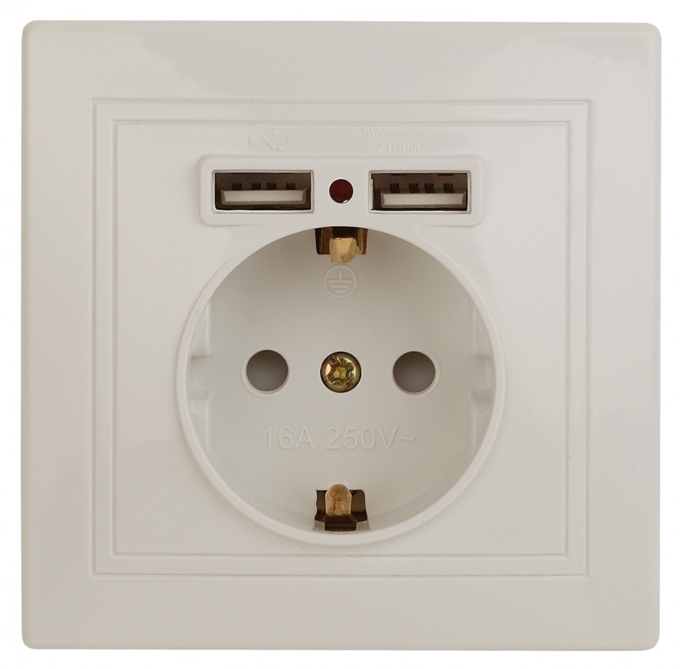 Розетка Intro Plano 1-410-02 с заземлением 2P+E Schuko со шторками, 16А-250В + 2хUSB 5В-2,1А, IP20, СУ, слоновая кость
