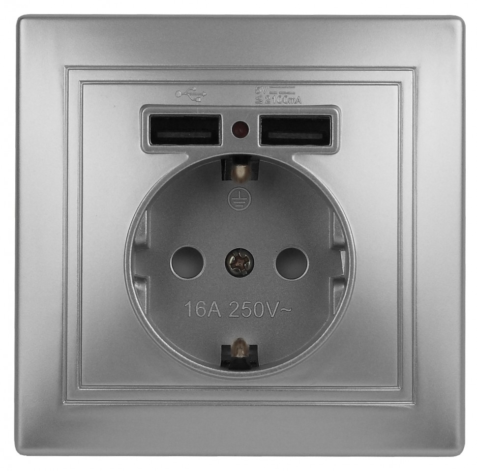 Розетка Intro Plano 1-410-03 с заземлением 2P+E Schuko со шторками, 16А-250В + 2хUSB 5В-2,1А, IP20, СУ, алюминий