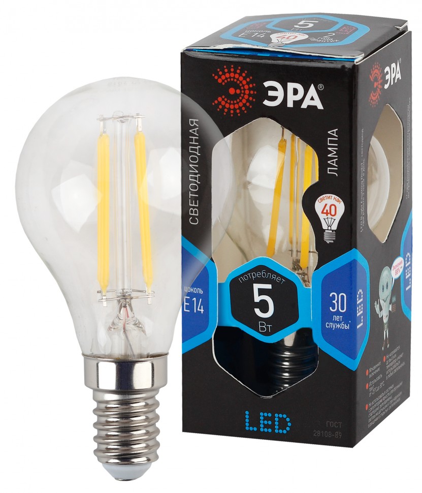 Лампочка светодиодная ЭРА F-LED P45-5W-840-E14 Е14 / Е14 5Вт филамент шар нейтральный белый свет