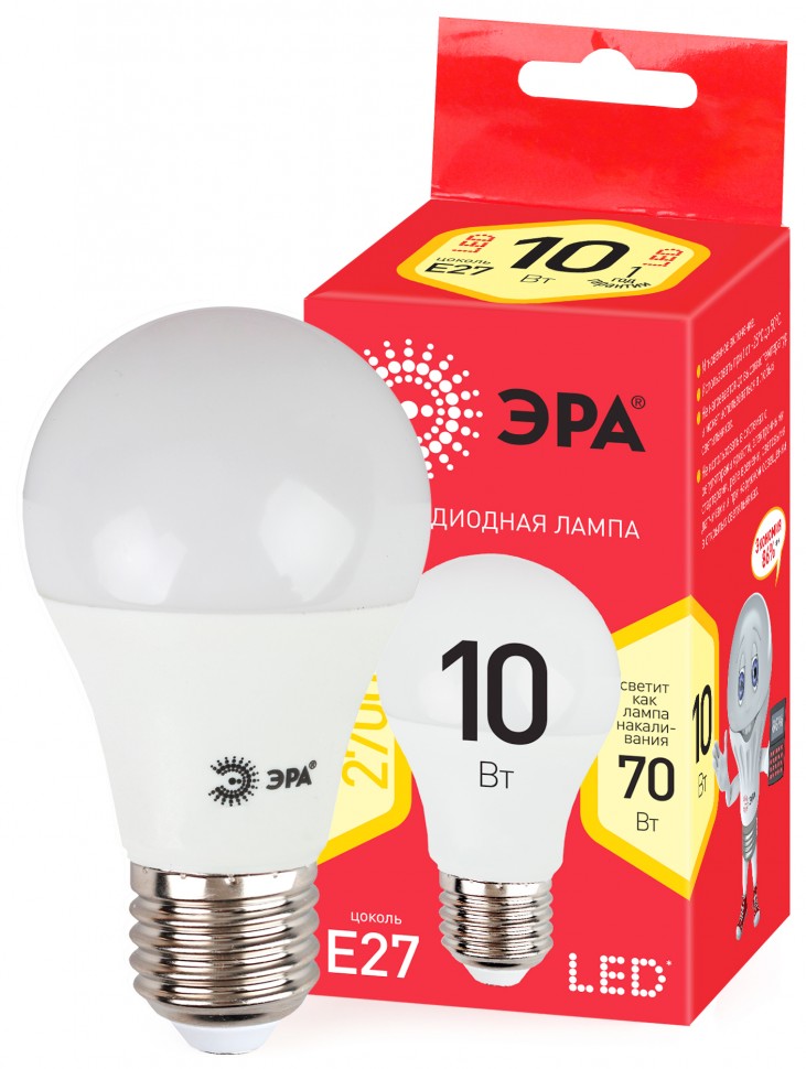 Лампочка светодиодная ЭРА RED LINE ECO LED A60-10W-827-E27 E27 / Е27 10Вт груша теплый белый свет