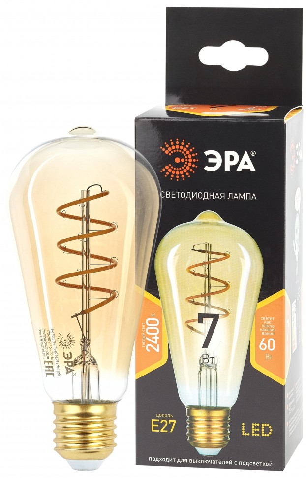 Лампочка светодиодная ЭРА F-LED ST64-7W-824-E27 spiral gold E27 / Е27 7Вт филамент золотистый теплый белый свет