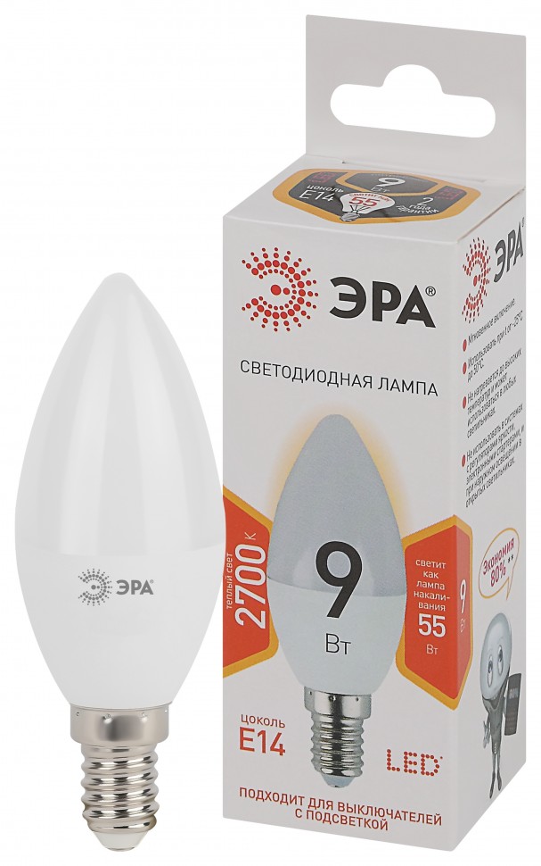 Лампочка светодиодная ЭРА STD LED B35-9W-827-E14 E14 / Е14 9Вт свеча теплый белый свет