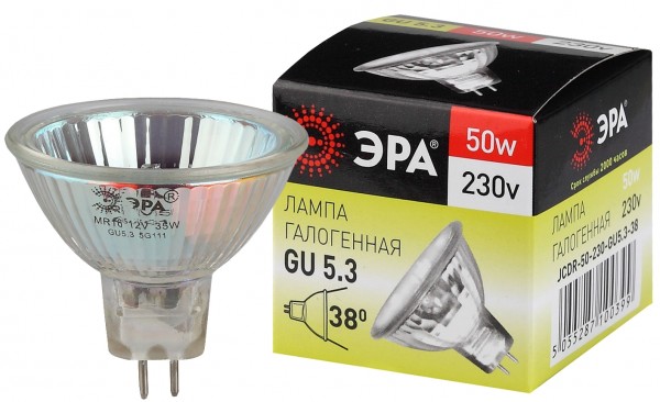 Лампочка галогенная ЭРА GU5.3-JCDR (MR16)-50W-230V-CL GU5.3 50Вт софит теплый белый свет